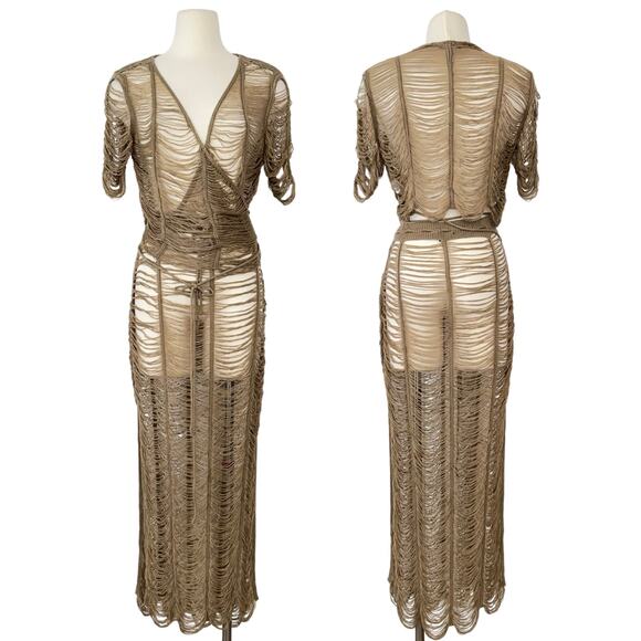 JLux Label Nia Distressed Crochet Set Knit 2-Piece Maxi Skirt and Top Beige L - Picture 1 of 16